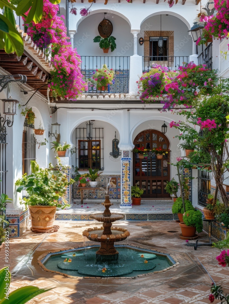Traditional Andalusian Courtyard with Central Fountain and Lush Plants
Traditional Andalusian Courtyard with Central Fountain and Lush Plants