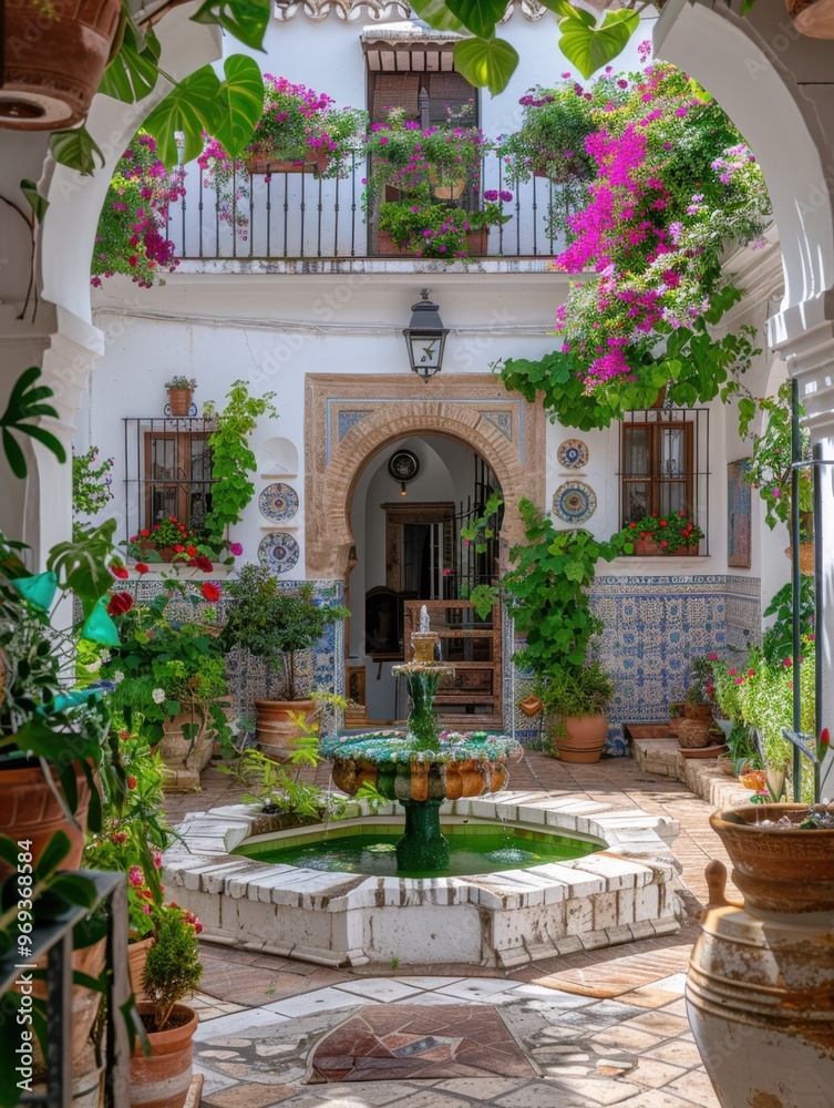 Naklejka premium Traditional Andalusian Courtyard with Central Fountain and Lush Plants