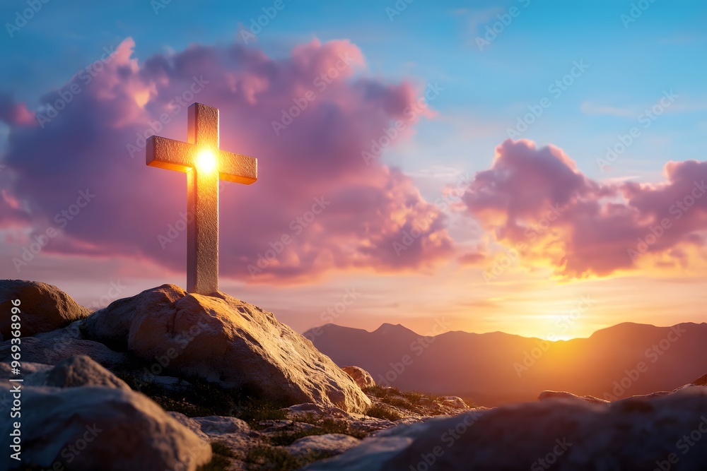 A glowing cross in the sky, surrounded by clouds and mountains A glowing cross in the sky, surrounded by clouds and mountains