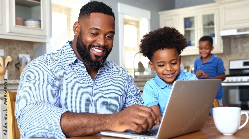 Happy plus-size black father and children using a laptop in a bright kitchen Happy plus-size black father and children using a laptop in a bright kitchen