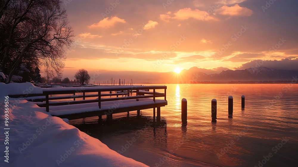 Obraz premium Golden Sunset Over Snowy Lake and Mountain