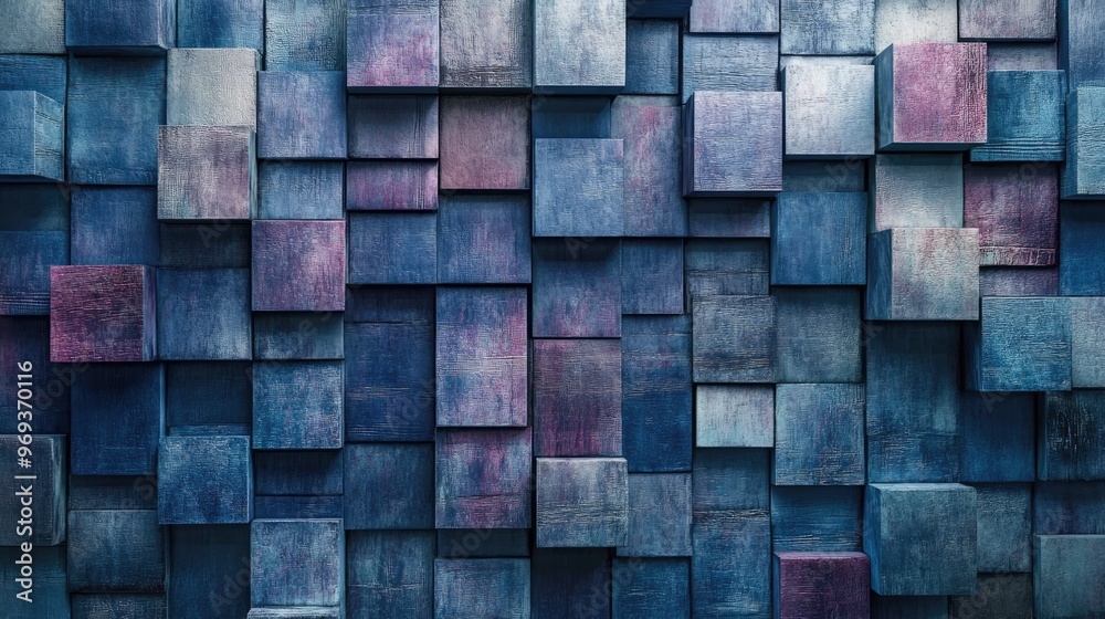 Abstract Wall of Blue and Purple Wooden Cubes Abstract Wall of Blue and Purple Wooden Cubes