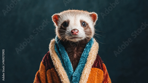 Ferret in a wizard s robe casting a glowing spell in a dark room, wizard ferret, magical pet costume photo