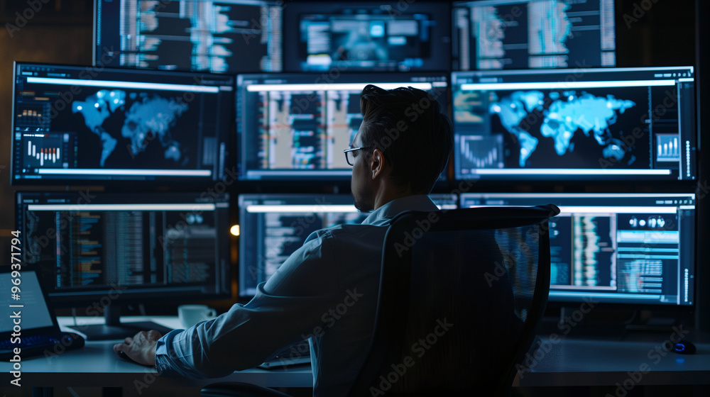 Back view of a software developer is coding on multiple screens in an office at night. Back view of a software developer is coding on multiple screens in an office at night.