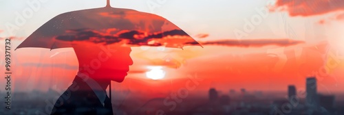 Silhouette of a person holding an umbrella against a vibrant sunset backdrop.