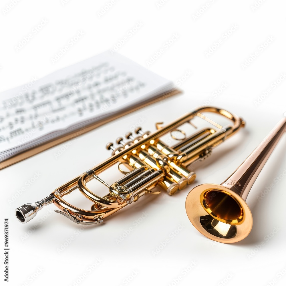 Naklejka premium A golden trumpet and its mouthpiece lay on a sheet of music.