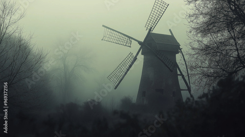 A windmill is in a foggy forest photo