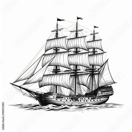 a drawing of a ship with sails sailing on the water.