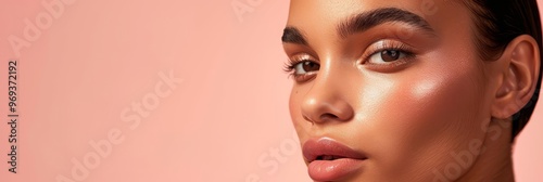 Close up of a woman's face with glowing skin and natural makeup.