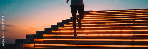 Silhouette of a person running up illuminated stairs at sunset.