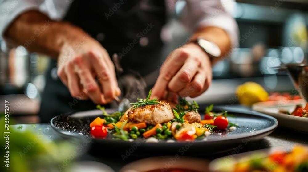 Chef plating a gourmet dish in a restaurant kitchen. Chef plating a gourmet dish in a restaurant kitchen.
