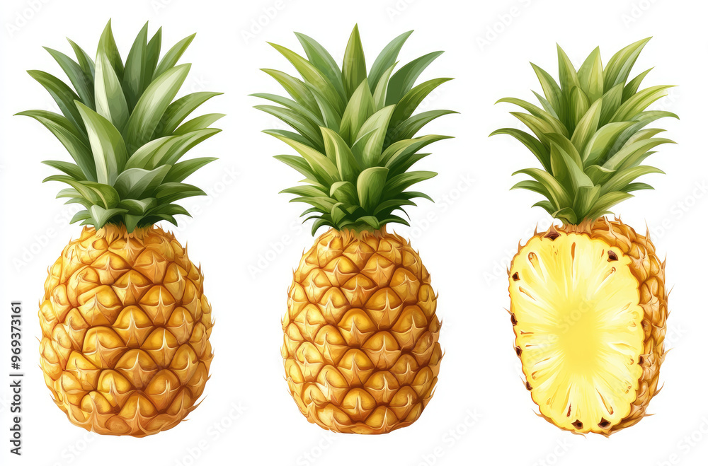 A Set of Whole Pineapples in Different Poses Golden Yellow for a Tropical Display A Set of Whole Pineapples in Different Poses Golden Yellow for a Tropical Display