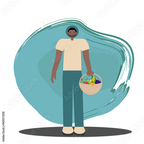 Dark-skinned man with a beard shopping with a woven basket of groceries. Vector flat illustration suitable for online shopping platforms, grocery store ads, lifestyle blogs, and wellness content