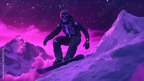 Fearless Snowboarder Shreds Down a Haunted Mountain Slope in a Skeleton Costume Under the Eerie Glow of a Starry Halloween Night Sky photo