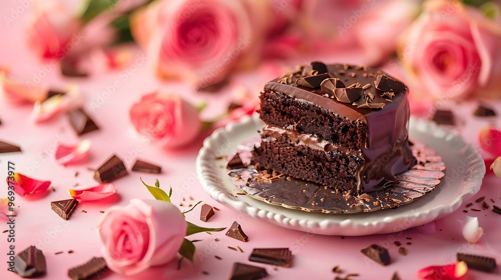 Isolated chocolate cake in foil on a rose background Isolated chocolate cake in foil on a rose background