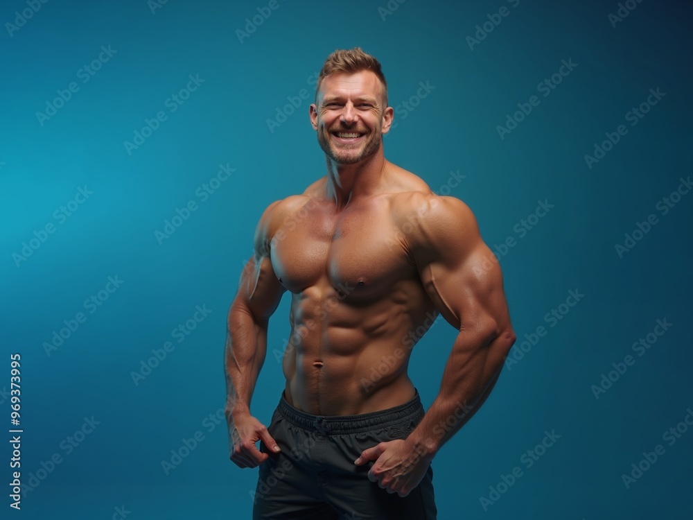 Muscular caucasian man proudly showcasing strength and fitness against isolated blue backdrop during photoshoot Muscular caucasian man proudly showcasing strength and fitness against isolated blue backdrop during photoshoot