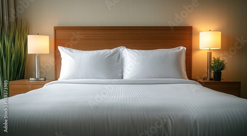 A photo of an elegant hotel bed with white sheets and two pillows, showcasing the comfort of its plush linens in front of a wooden headboard. 