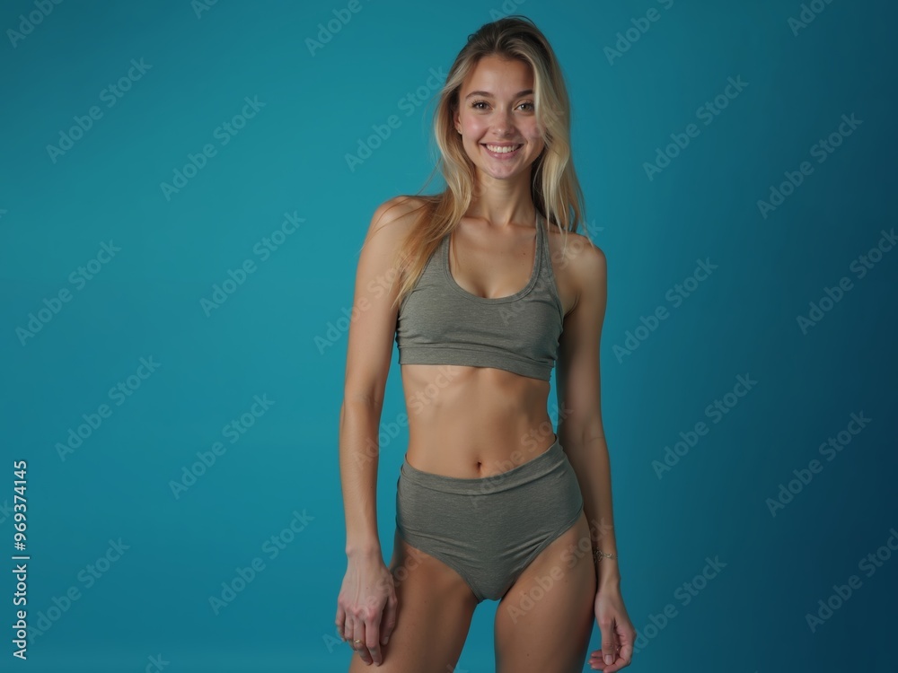 Young skinny caucasian woman poses cheerfully in stylish swimsuit against vibrant isolated blue backdrop, summer vibes Young skinny caucasian woman poses cheerfully in stylish swimsuit against vibrant isolated blue backdrop, summer vibes