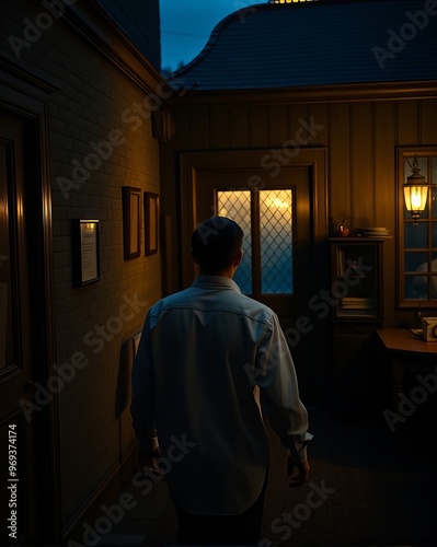 there is a man walking down a hallway towards a house.