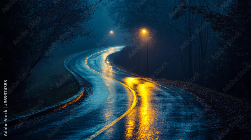 A winding road after a rain shower, illuminated by street lights that create a serene glow A winding road after a rain shower, illuminated by street lights that create a serene glow