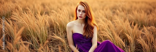  woman in a purple dress sitting in a field of tall grass.