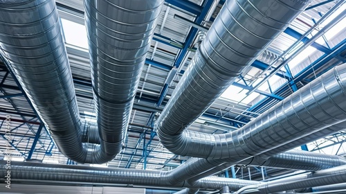 Industrial metal ventilation ducts in a factory ceiling.