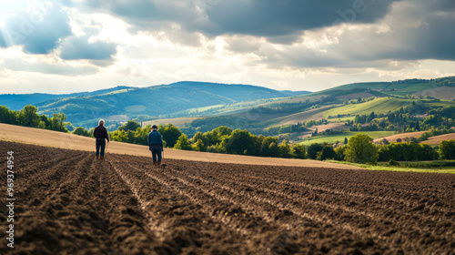 Farmers planting seeds in a large field using a traditional method, with a backdrop of rolling hills