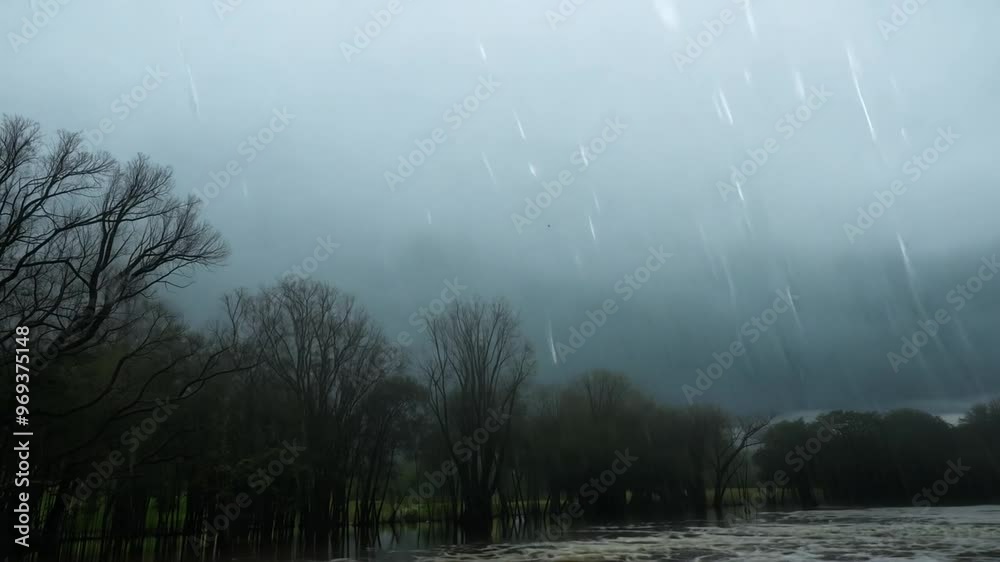Timelapse of heavy rain with cloudy sky and lightning on a forest lake with leafless trees