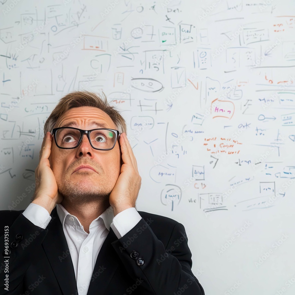 Overworked professional staring at a whiteboard filled with complex tasks, rubbing his eyes in fatigue, illustrating cognitive overload Overworked professional staring at a whiteboard filled with complex tasks, rubbing his eyes in fatigue, illustrating cognitive overload