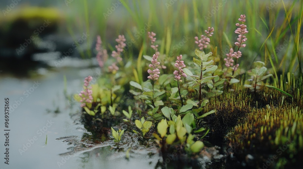Macro view of delicate plants in a bog, captured along a nature trail with a realistic background of natural textures and colors Macro view of delicate plants in a bog, captured along a nature trail with a realistic background of natural textures and colors