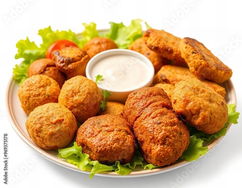 there is a plate of fried food with a dipping sauce.