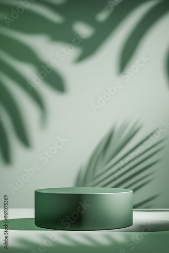 Matte green empty round podium with soft palm leaf shadow. Product display background with copy space