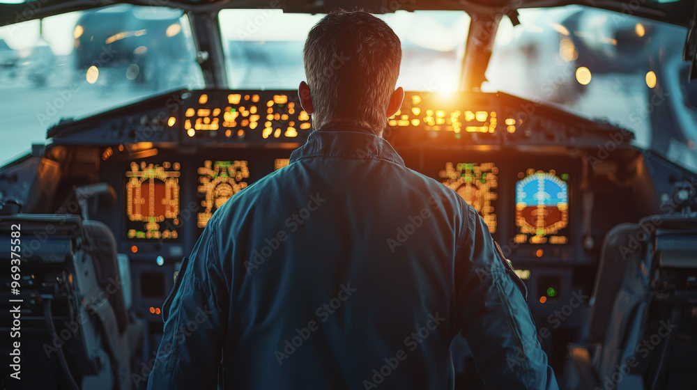 A pilot stands in cockpit, gazing at illuminated control panel as sun sets, creating serene yet focused atmosphere A pilot stands in cockpit, gazing at illuminated control panel as sun sets, creating serene yet focused atmosphere