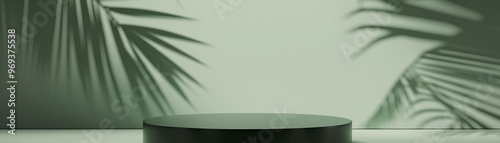 Matte green empty round podium with soft palm leaf shadow. Product display background with copy space