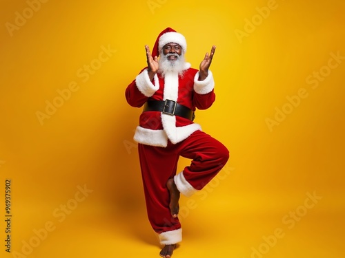 Joyful African American Santa dancing gracefully against vibrant yellow backdrop during festive holiday season