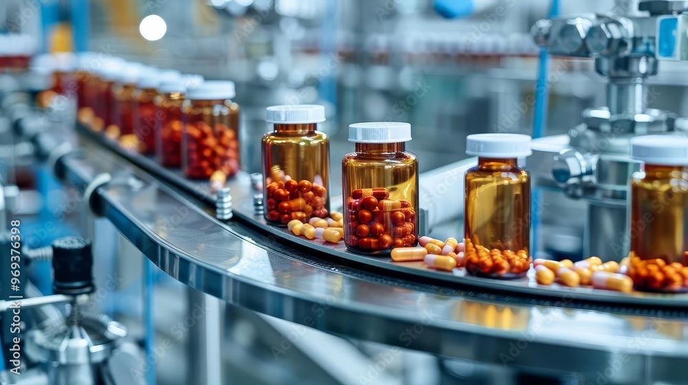 Capsules being filled into bottles on a production line. Capsules being filled into bottles on a production line.