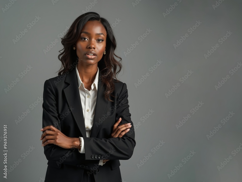 Confident businesswoman or manager in tailored suit poses with crossed arms against minimalist gray background Confident businesswoman or manager in tailored suit poses with crossed arms against minimalist gray background