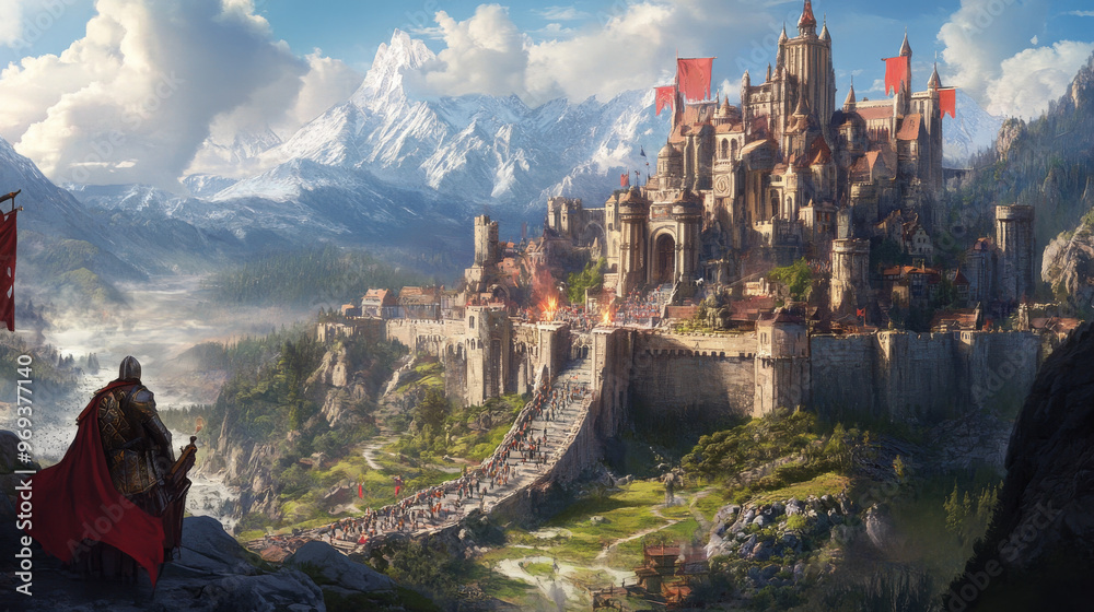 Fototapeta premium A castle with a red flag flying in the background