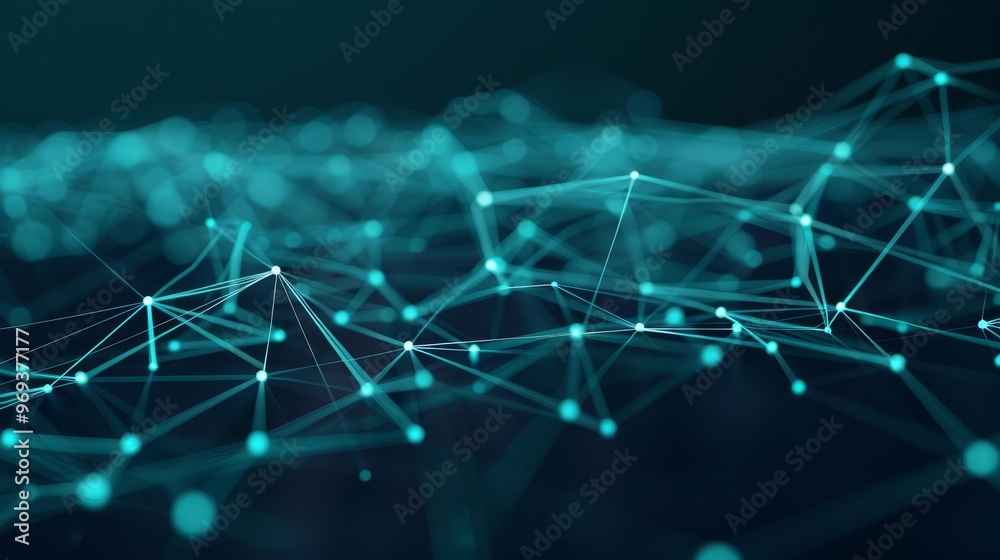 Obraz premium Abstract blue glowing network with lines and dots on dark background.