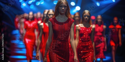 Models showcase vibrant red attire during a runway show in a dramatic lighting setting photo