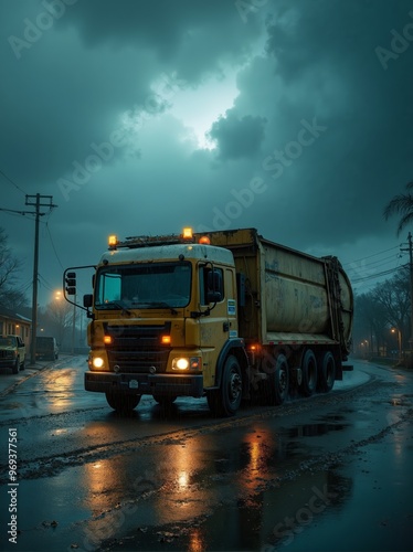 Rusty dirty yellow garbage truck navigates rainy street, moody sky at twilight in small town