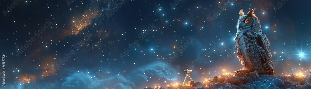 Naklejka premium Owls in a 3D realistic action rendering host a night astronomy class, pointing at constellations with little telescopes atop a hill