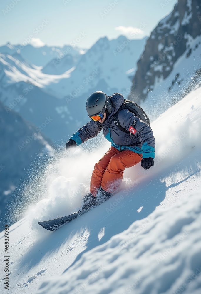 Snowboarder carving through fresh powder on majestic alpine slope under bright blue sky Snowboarder carving through fresh powder on majestic alpine slope under bright blue sky