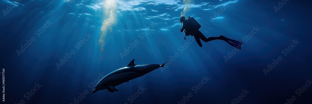 Fototapeta premium Diver with dolphin in deep sea