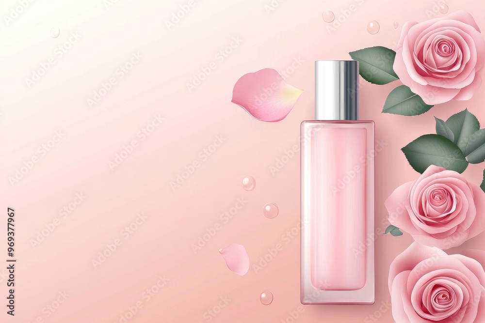 Perfume Bottle with Pink Roses and Petals on Pink Background Perfume Bottle with Pink Roses and Petals on Pink Background