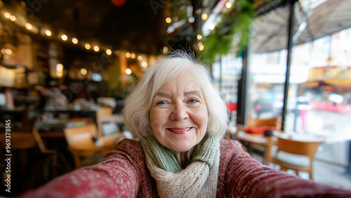 Happy Elderly, Senior Woman Making Selfie inside Coffee Shop