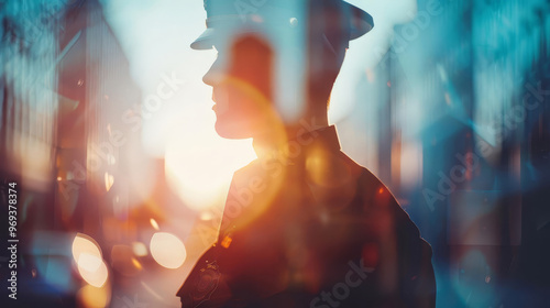 Silhouette of a police officer standing in front of a city skyline at sunset.