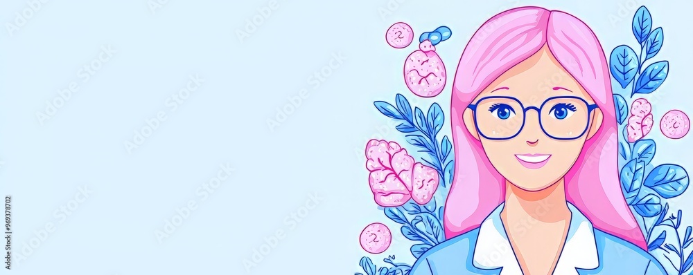 A cheerful illustration of a woman with pink hair and glasses, surrounded by whimsical plants and flowers in a soft blue background. A cheerful illustration of a woman with pink hair and glasses, surrounded by whimsical plants and flowers in a soft blue background.
