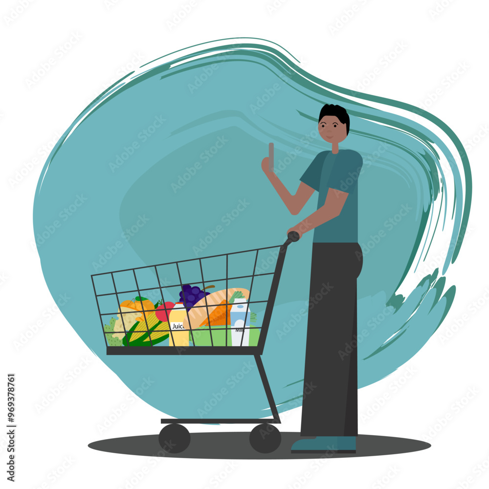 Young dark-skinned man shopping, pushing grocery cart and holding phone. Side view vector illustration, perfect for mobile apps, shopping guides, digital advertisements, and e-commerce websites. Young dark-skinned man shopping, pushing grocery cart and holding phone. Side view vector illustration, perfect for mobile apps, shopping guides, digital advertisements, and e-commerce websites.