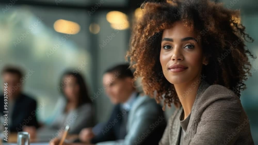 Beautiful professional woman in office and other workers hold a meeting in background. 4k video footage Beautiful professional woman in office and other workers hold a meeting in background. 4k video footage